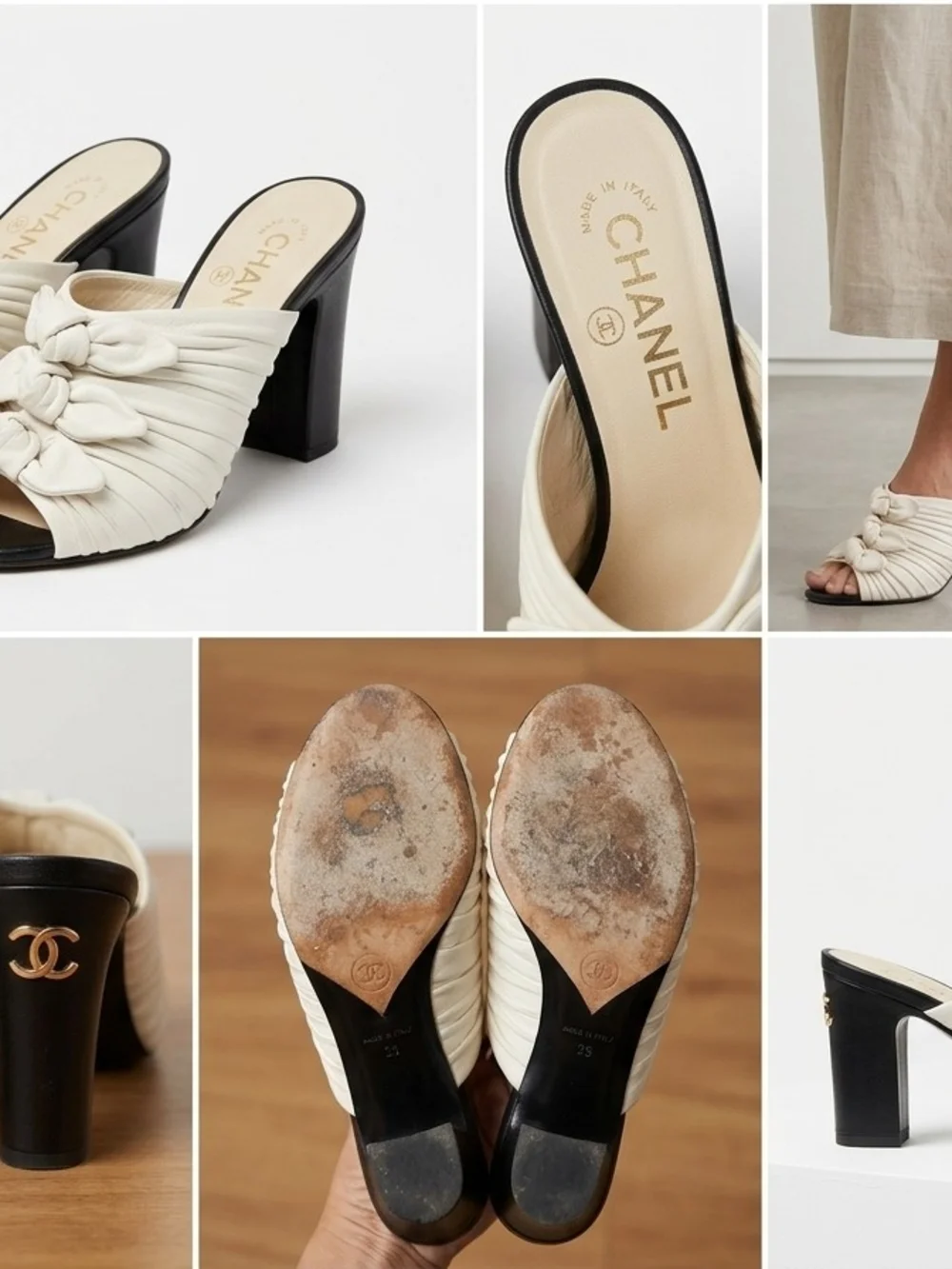 Chanel Cream Leather Knot Slide Sandals